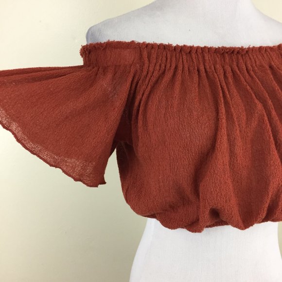 OUT FROM UNDER Rust/Brick Flutter Sleeve Textured Off Shoulder Crop Top - Picture 6 of 9